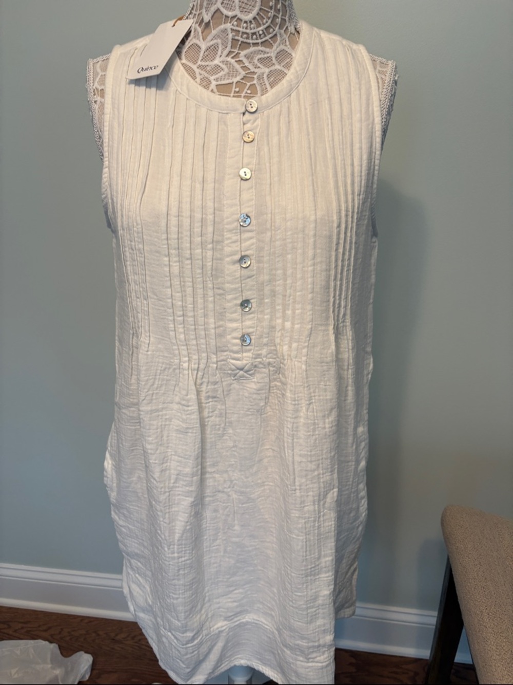 Quince White Sleeveless Pintuck Cotton Shift Dress Size M